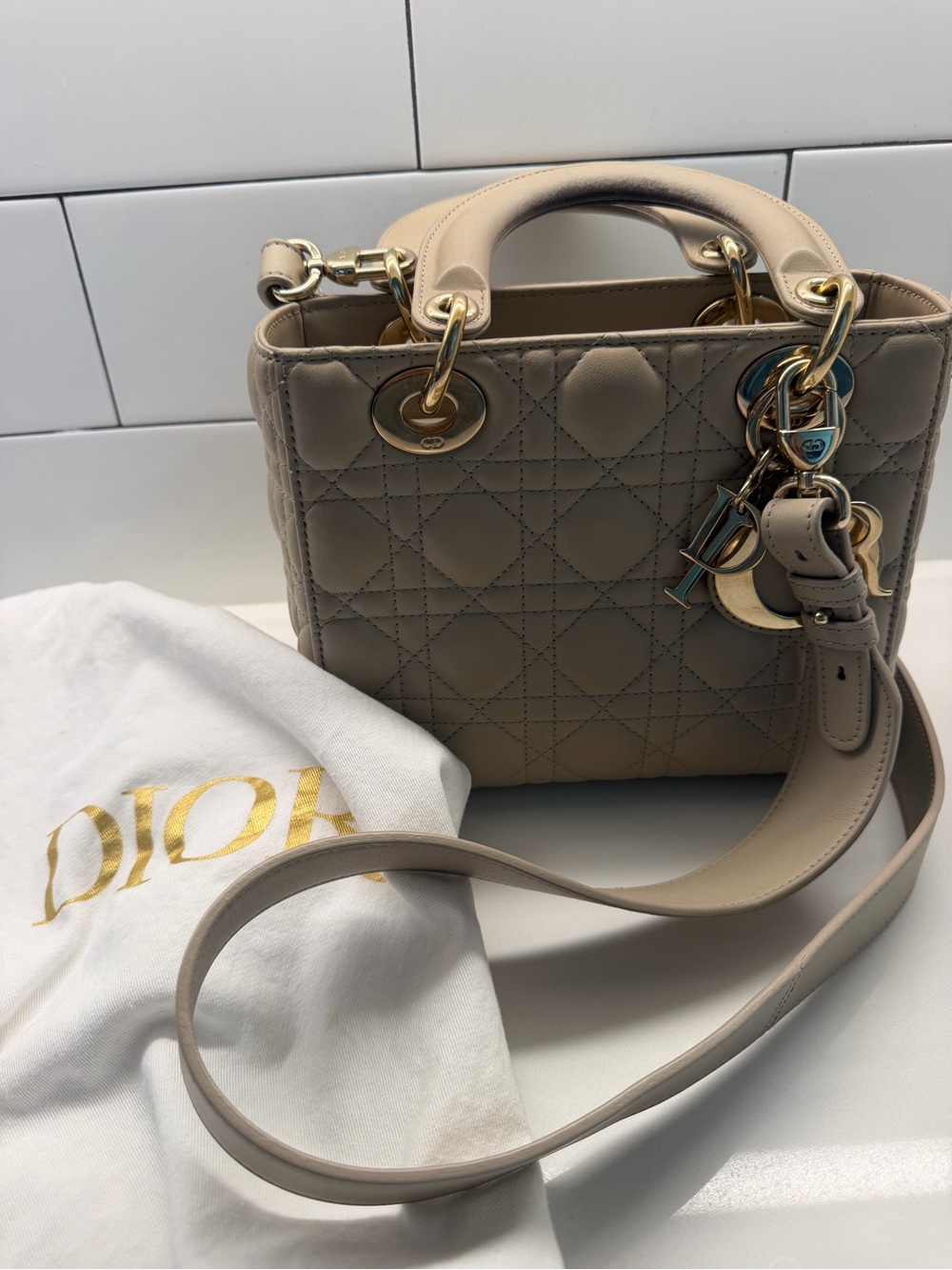Dior Beige Quilted Lady Dior Medium Top-Handle Bag with Gold Hardware - Picture 6 of 14